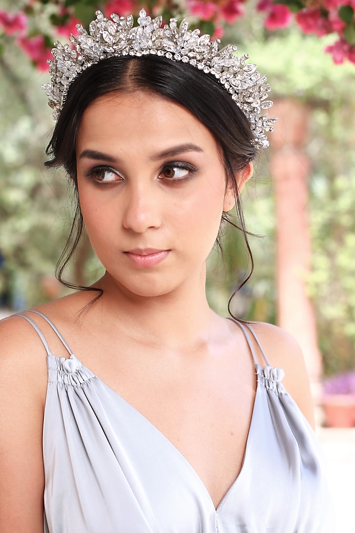 Silver Fabric Embroidered Crown Hairband by Studio Accessories