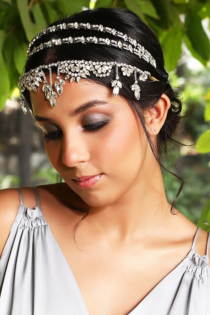 Silver Fabric Embroidered Mathapatti by Studio Accessories at Pernia's Pop Up Shop