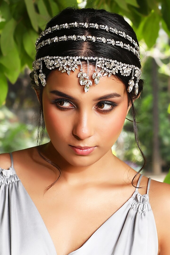 Silver Fabric Embroidered Mathapatti by Studio Accessories at Pernia's Pop Up Shop