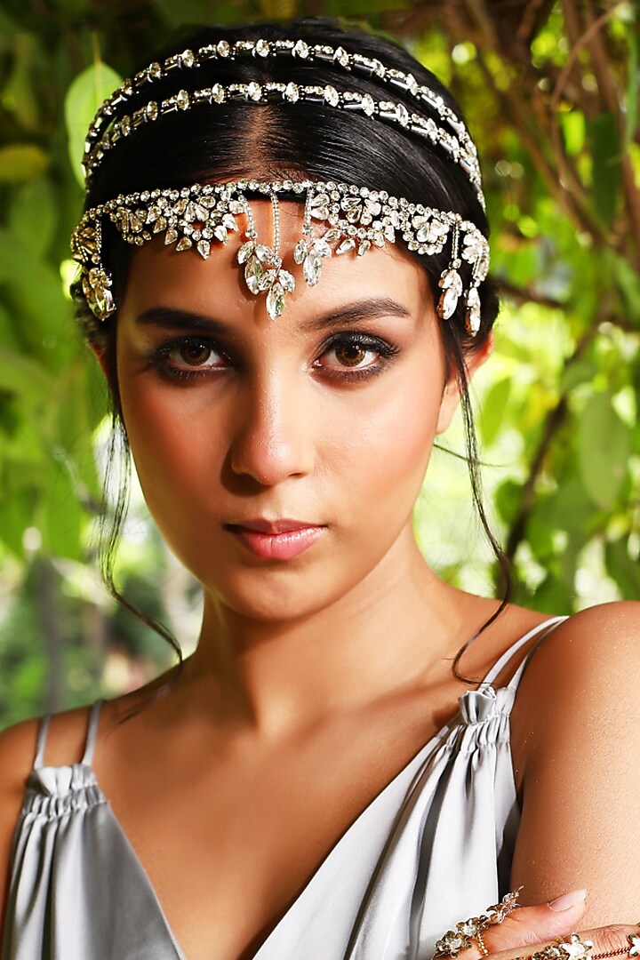Silver Fabric Embroidered Mathapatti by Studio Accessories at Pernia's Pop Up Shop