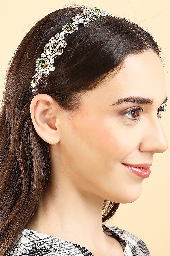 Silver Stainless Steel & Satin Crystal Beaded Work Adjustable Hairband by Studio Accessories at Pernia's Pop Up Shop