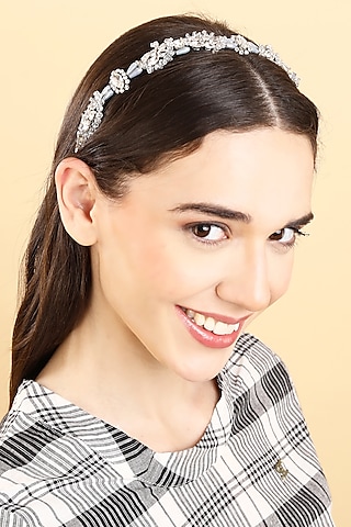 Silver Stainless Steel & Satin Crystal Beaded Work Adjustable Hairband by Studio Accessories
