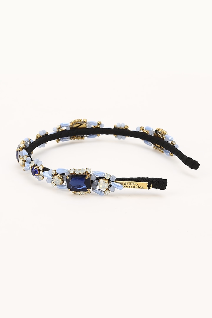 Blue Stainless Steel & Satin Crystal Beaded Work Adjustable Hairband by Studio Accessories at Pernia's Pop Up Shop