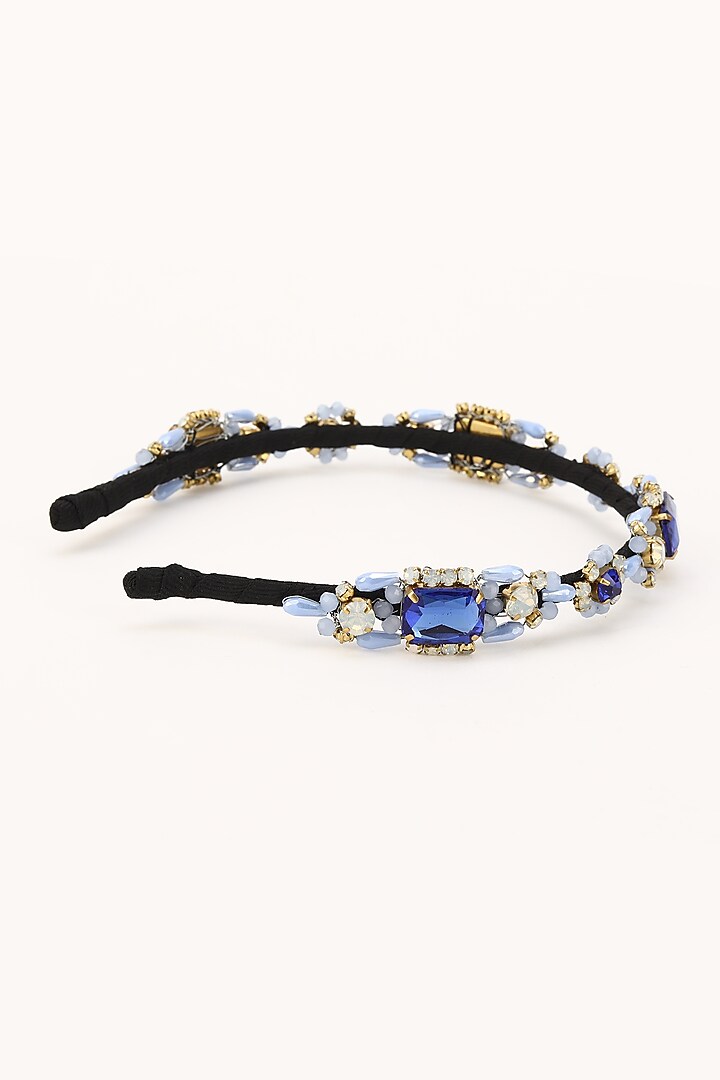 Blue Stainless Steel & Satin Crystal Beaded Work Adjustable Hairband by Studio Accessories at Pernia's Pop Up Shop
