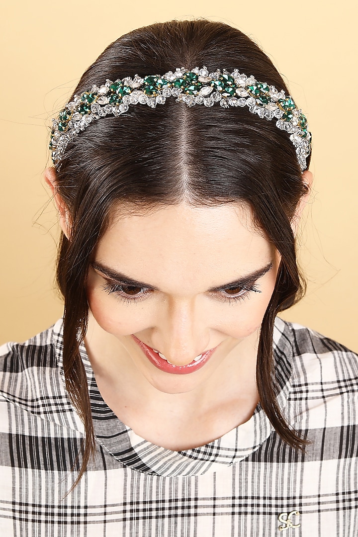 Green & Silver Stainless Steel Crystal Beaded Work Adjustable Hairband by Studio Accessories at Pernia's Pop Up Shop