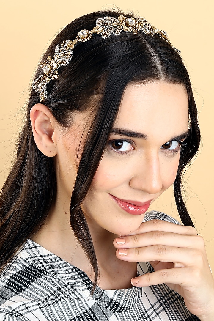 Gold Stainless Steel & Satin Crystal Beaded Work Adjustable Hairband by Studio Accessories at Pernia's Pop Up Shop