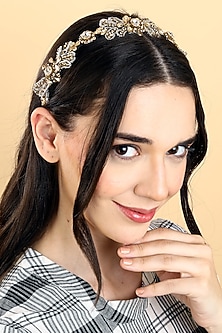 Gold Stainless Steel & Satin Crystal Beaded Work Adjustable Hairband by Studio Accessories-POPULAR PRODUCTS AT STORE