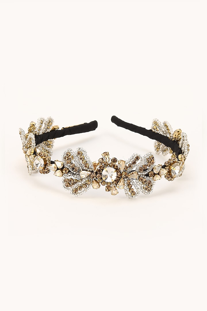 Gold Stainless Steel & Satin Crystal Beaded Work Adjustable Hairband by Studio Accessories at Pernia's Pop Up Shop