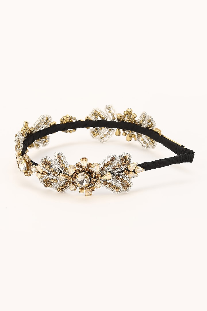 Gold Stainless Steel & Satin Crystal Beaded Work Adjustable Hairband by Studio Accessories at Pernia's Pop Up Shop