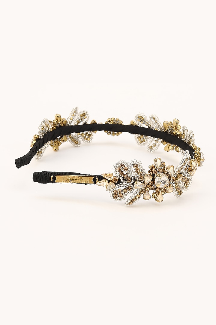 Gold Stainless Steel & Satin Crystal Beaded Work Adjustable Hairband by Studio Accessories at Pernia's Pop Up Shop