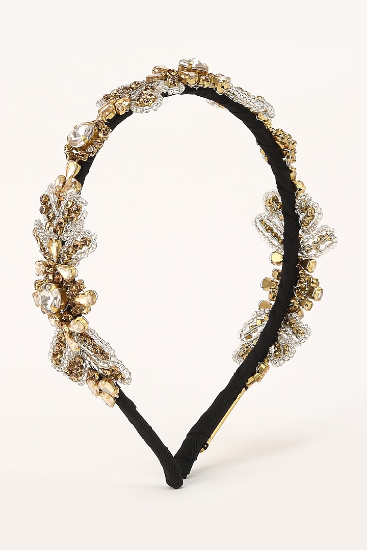 Gold Stainless Steel & Satin Crystal Beaded Work Adjustable Hairband by Studio Accessories at Pernia's Pop Up Shop