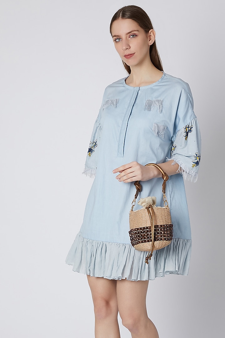 Beige Embroidered Linen Potli by Studio Accessories at Pernia's Pop Up Shop