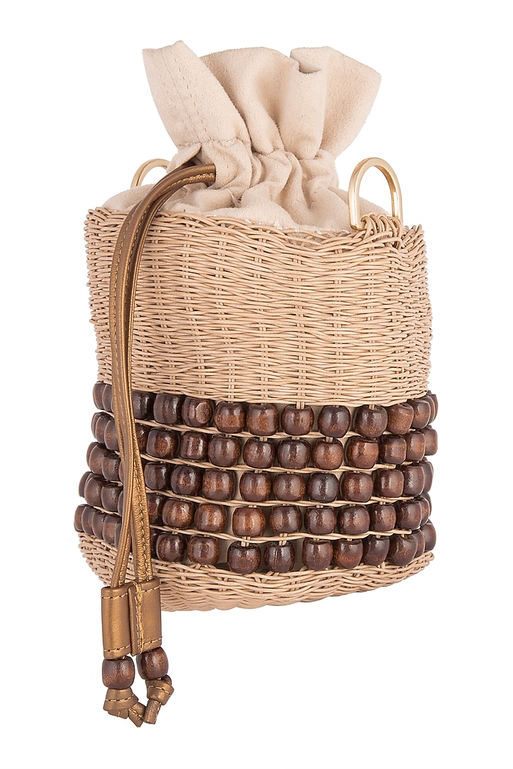 Beige Embroidered Linen Potli by Studio Accessories at Pernia's Pop Up Shop
