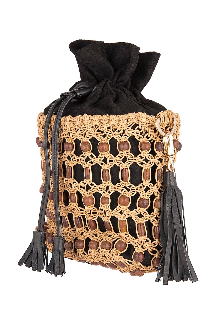 Black Wooden Beads Embroidered Potli by Studio Accessories at Pernia's Pop Up Shop