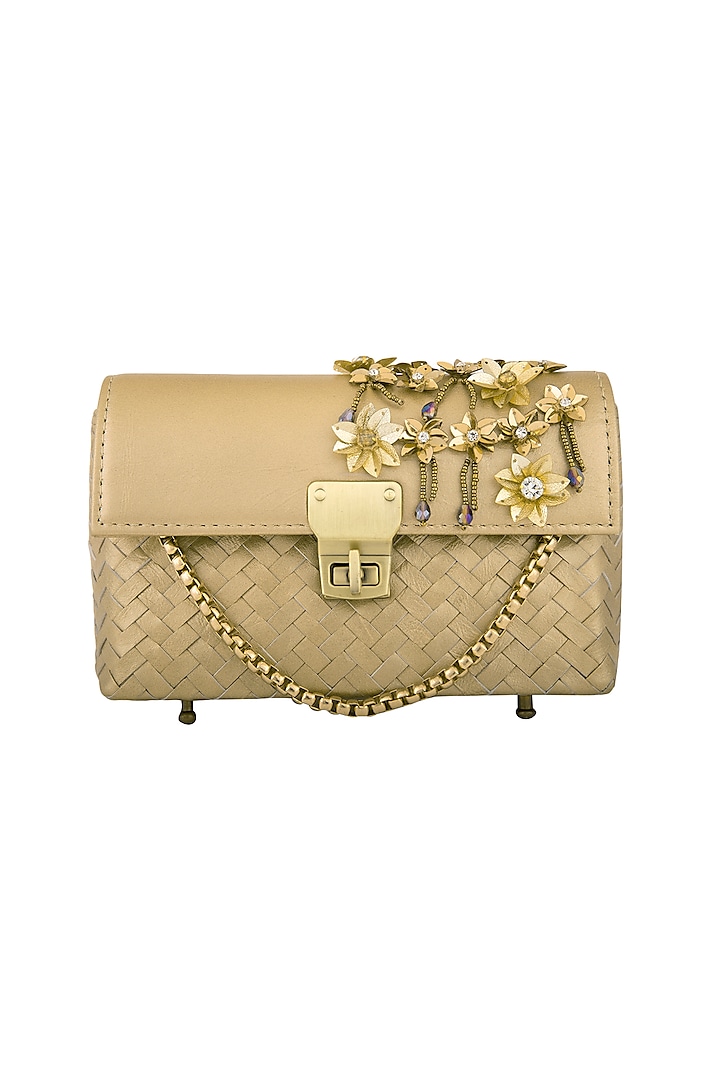 Gold Embellished Leather Clutch by Studio Accessories