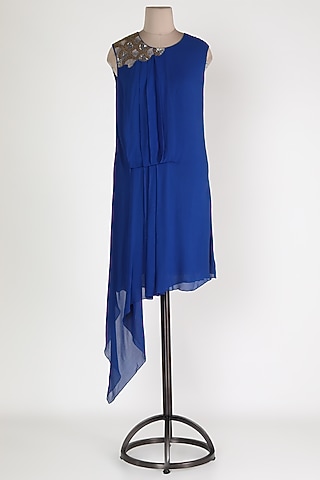 Cobalt Blue Embellished Asymmetric Tunic by Sadan Pande