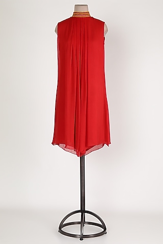 Red High Neck Embellished Tunic by Sadan Pande