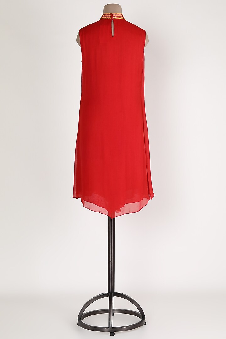 Red High Neck Embellished Tunic by Sadan Pande at Pernia's Pop Up Shop
