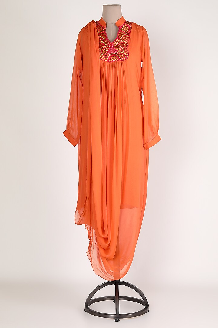Orange Embellished Cowl Tunic by Sadan Pande