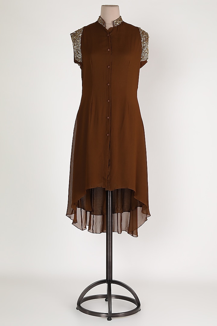 Brown Embellished High-Low Tunic by Sadan Pande