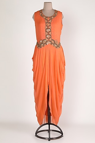 Orange Embroidered Dhoti Tunic by Sadan Pande