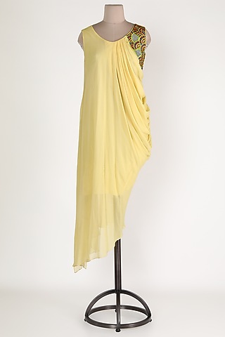 Yellow Embroidered Asymmetric Tunic by Sadan Pande