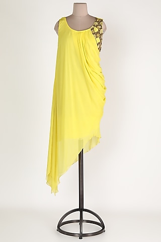 Lemon Embroidered Asymmetric Tunic by Sadan Pande