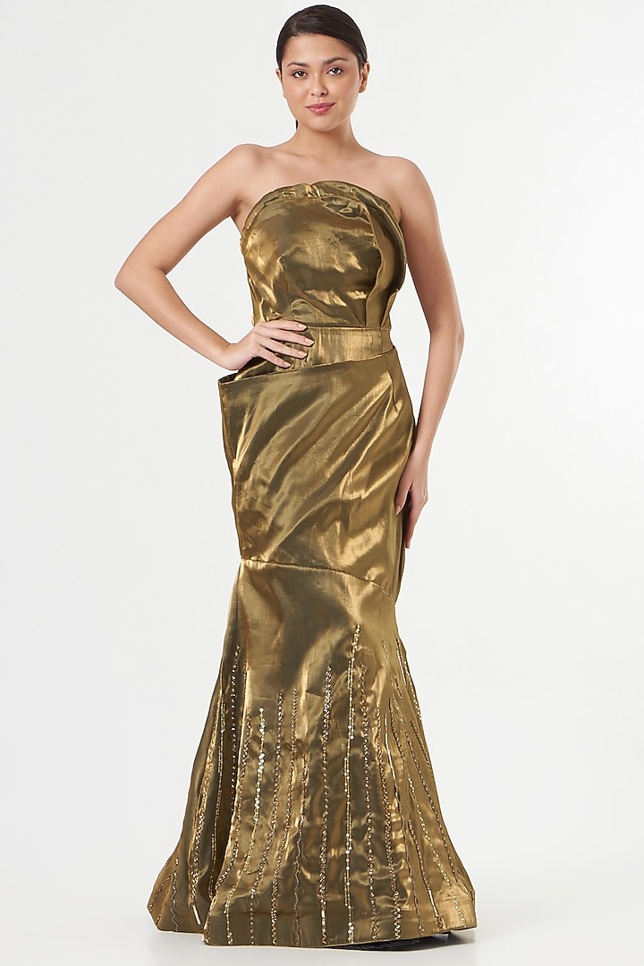 Gold Embellished Tube Gown by Sadhvi Dang at Pernia's Pop Up Shop