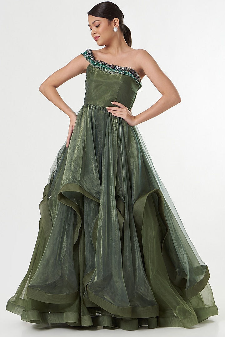 Basil Green Embellished Ball Gown by Sadhvi Dang at Pernia's Pop Up Shop