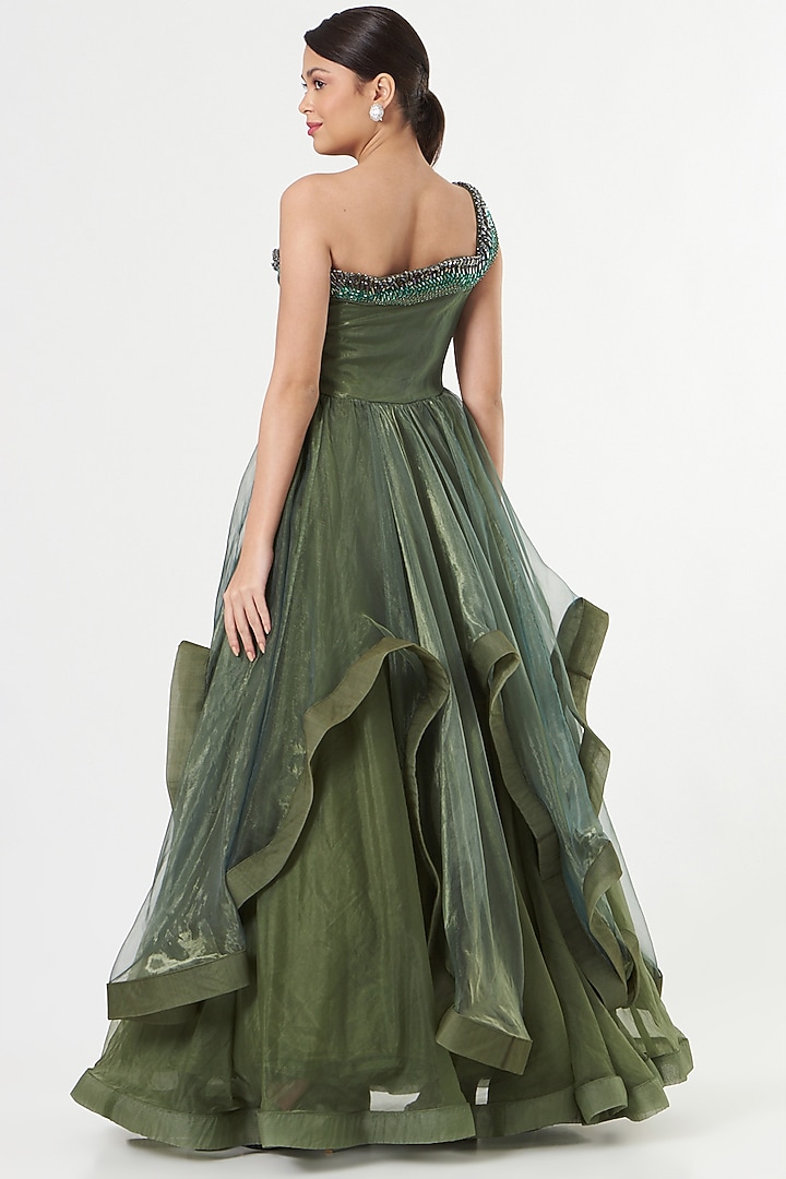 Basil Green Embellished Ball Gown by Sadhvi Dang at Pernia's Pop Up Shop
