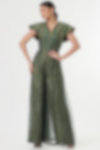 Basil Green Embroidered Jumpsuit by Sadhvi Dang at Pernia's Pop Up Shop