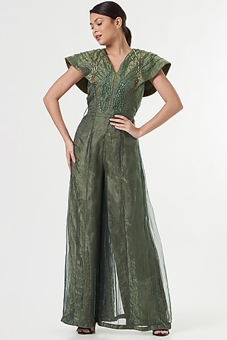 Basil Green Embroidered Jumpsuit by Sadhvi Dang