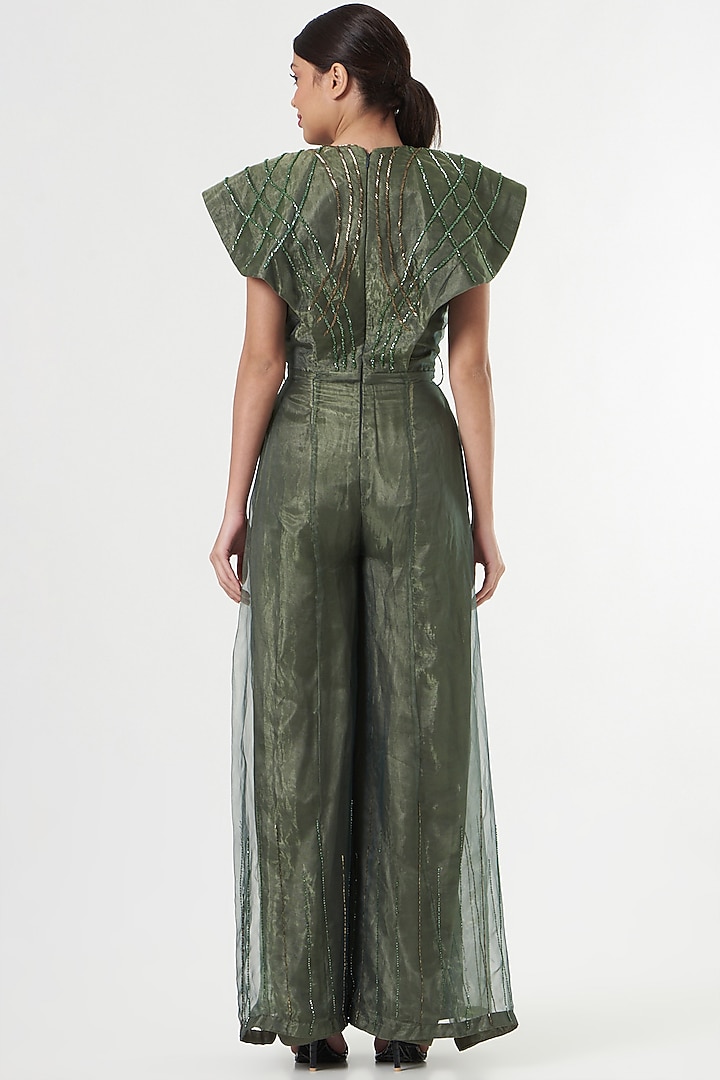 Basil Green Embroidered Jumpsuit by Sadhvi Dang at Pernia's Pop Up Shop