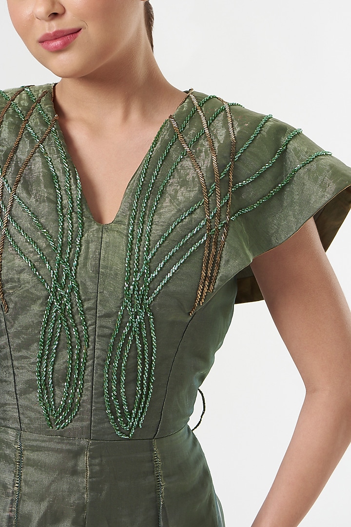 Basil Green Embroidered Jumpsuit by Sadhvi Dang at Pernia's Pop Up Shop