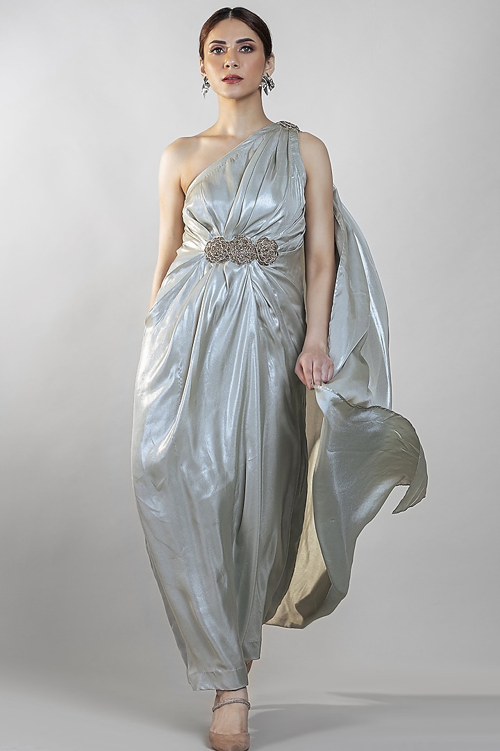 Silver Embroidered One-Shoulder Draped Dress by Sadhvi Dang