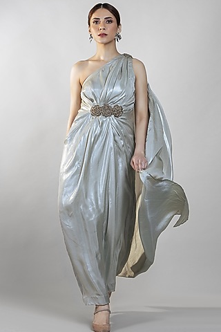Silver Embroidered One-Shoulder Draped Dress by Sadhvi Dang