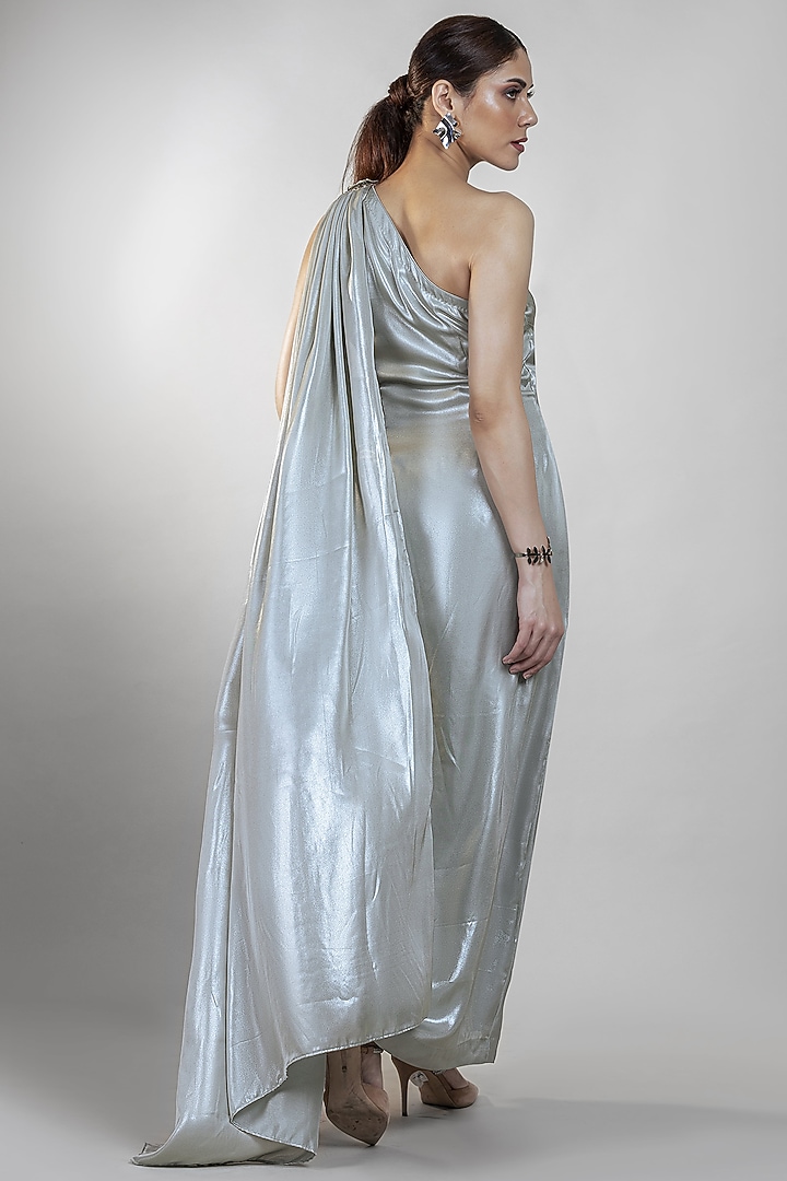 Silver Embroidered One-Shoulder Draped Vacation Dress by Sadhvi Dang at Pernia's Pop Up Shop
