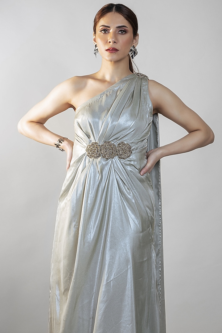 Silver Embroidered One-Shoulder Draped Vacation Dress by Sadhvi Dang at Pernia's Pop Up Shop