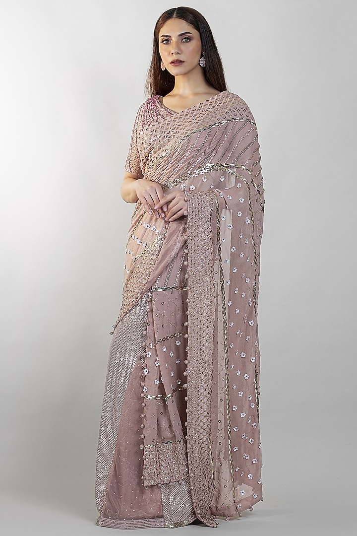Blush Pink Embroidered Pre-Stitched Saree Set by Sadhvi Dang