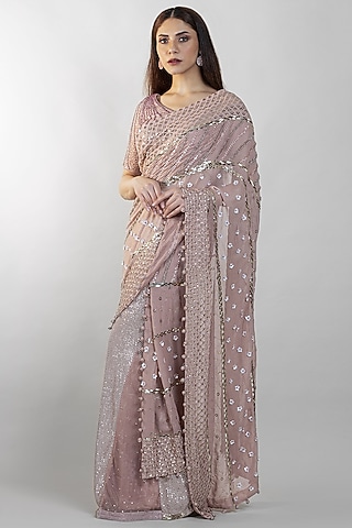 Blush Pink Embroidered Pre-Stitched Saree Set by Sadhvi Dang