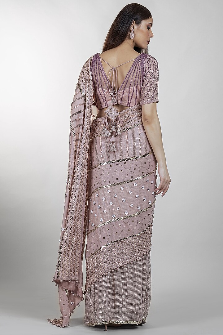 Blush Pink Embroidered Pre-Stitched Wedding Saree Set by Sadhvi Dang at Pernia's Pop Up Shop