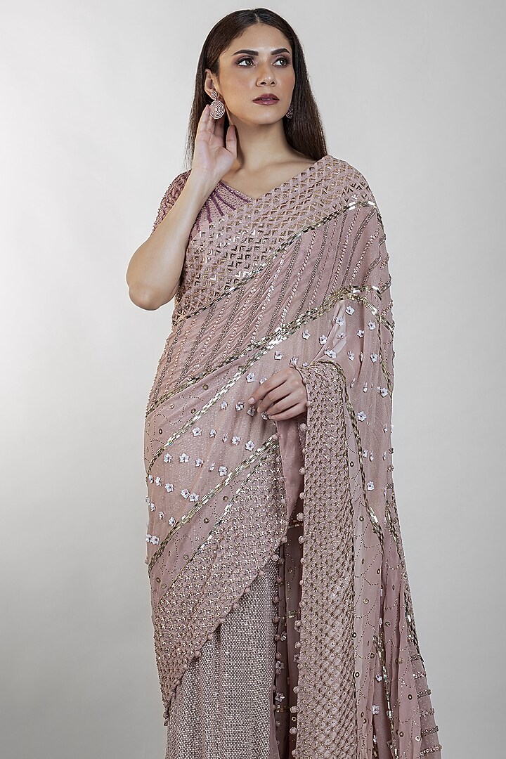 Blush Pink Embroidered Pre-Stitched Wedding Saree Set by Sadhvi Dang at Pernia's Pop Up Shop