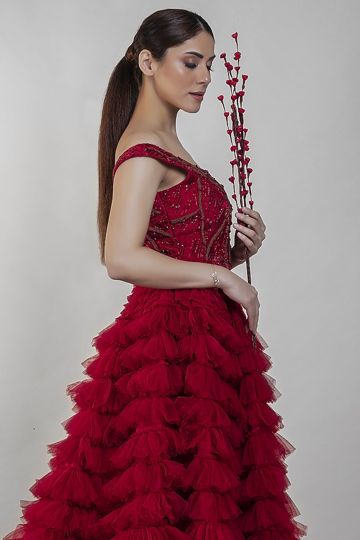 Deep Red Embroidered Off-Shoulder Gown by Sadhvi Dang at Pernia's Pop Up Shop