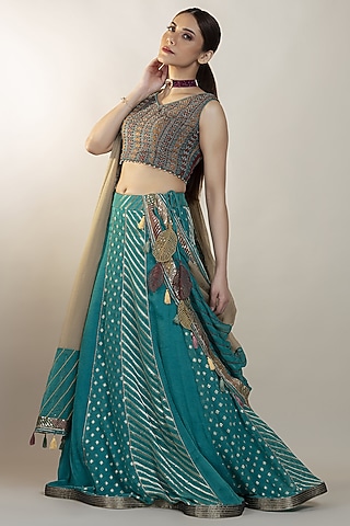Teal Blue Banarasi Georgette Lehenga Set by Sadhvi Dang