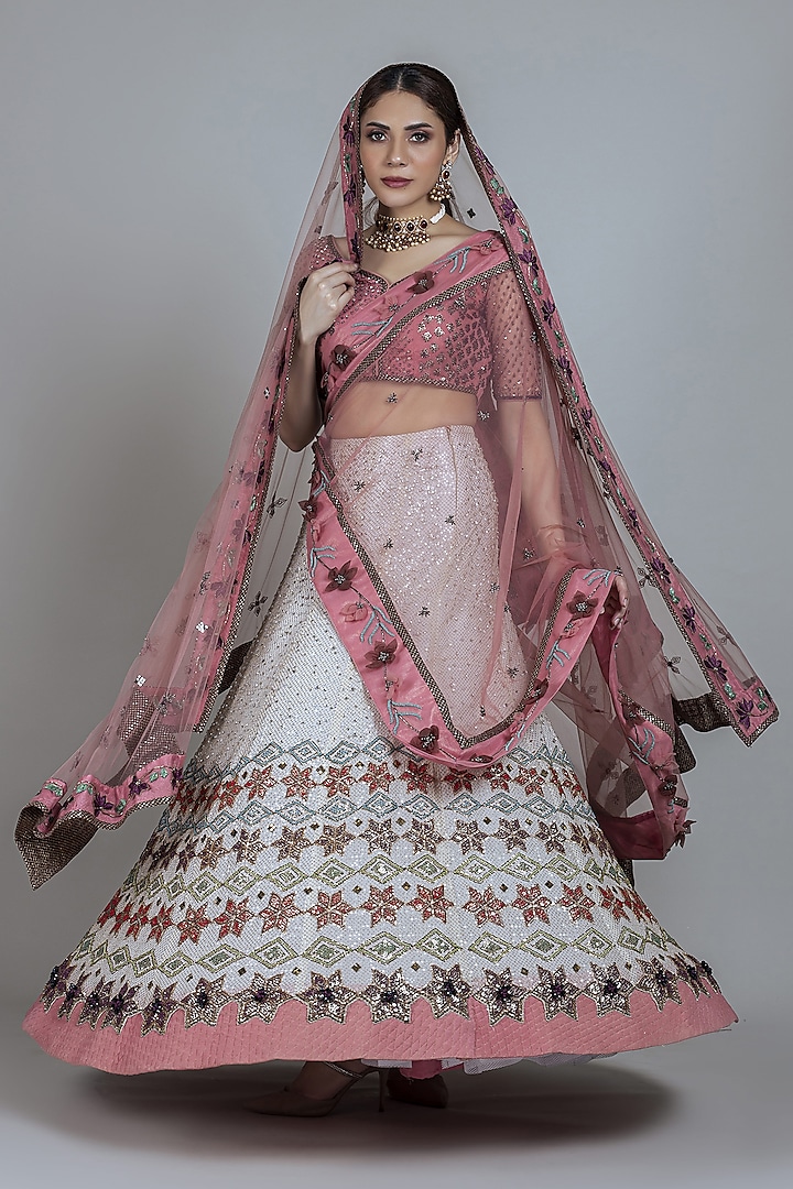 White & Charm Pink Embroidered Lehenga Set by Sadhvi Dang