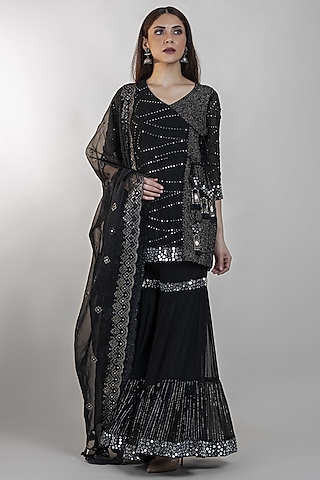 Black Embroidered Sharara Set by Sadhvi Dang