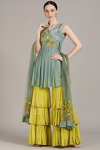 Yellow Shimmer Georgette Gharara Set by Sadhvi Dang