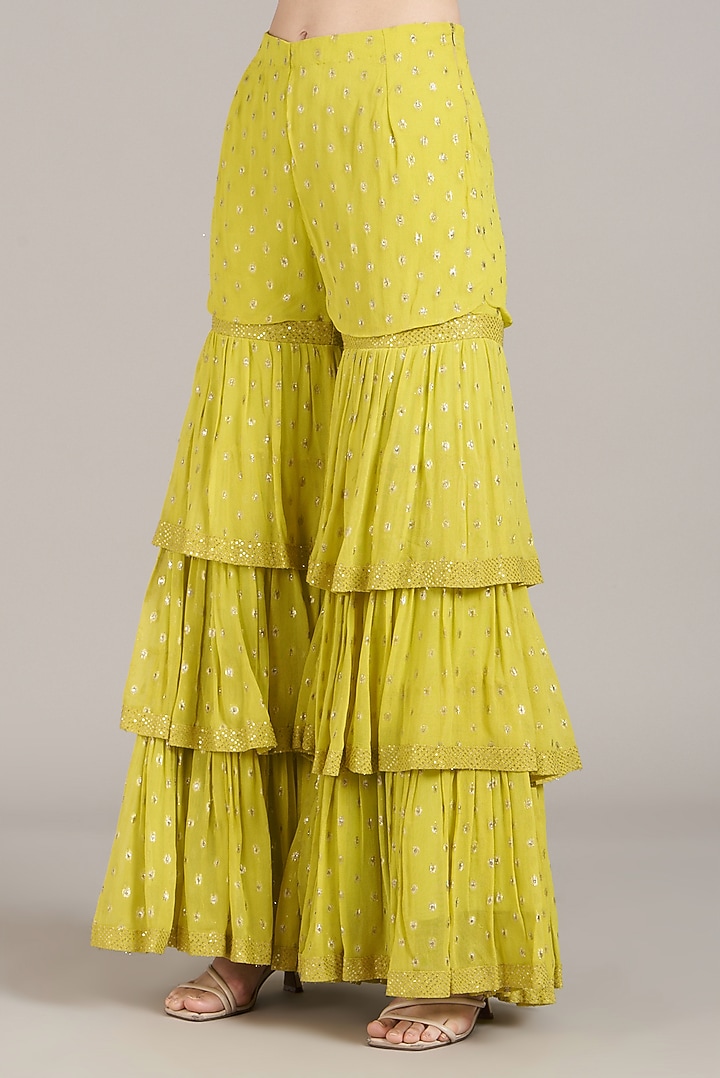 Yellow Shimmer Georgette Gharara Set by Sadhvi Dang at Pernia's Pop Up Shop