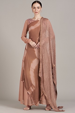 Coffee Pink Printed Layered Dress With Dupatta by Sadhvi Dang