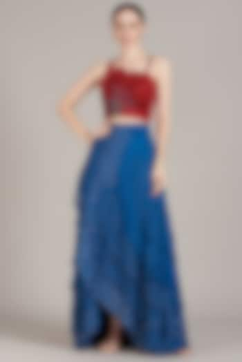 Cobalt Blue Georgette Skirt Set by Sadhvi Dang